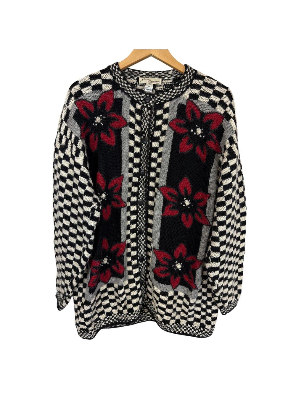 Vintage Norm Thompson 100% Alpaca Checkerboard Cardigan Sweater Handmade Peru XL